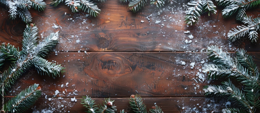 Poster beautiful christmas backdrop featuring tree branches and snow on a wooden table top view with copy s