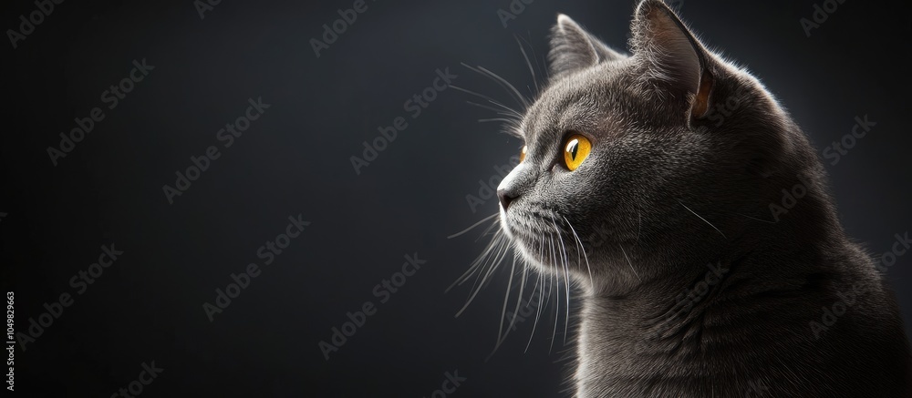 Poster a lovely gray cat against a dark backdrop pet theme. with copy space image. place for adding text or