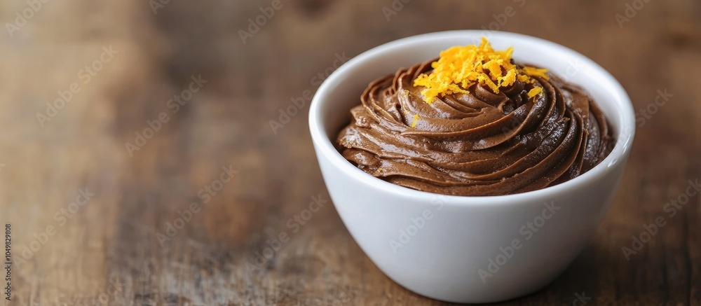 Poster tasty chocolate mousse in a white bowl topped with orange zest. with copy space image. place for add