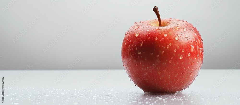 Poster red apple with water droplets on a white background with copy space for text