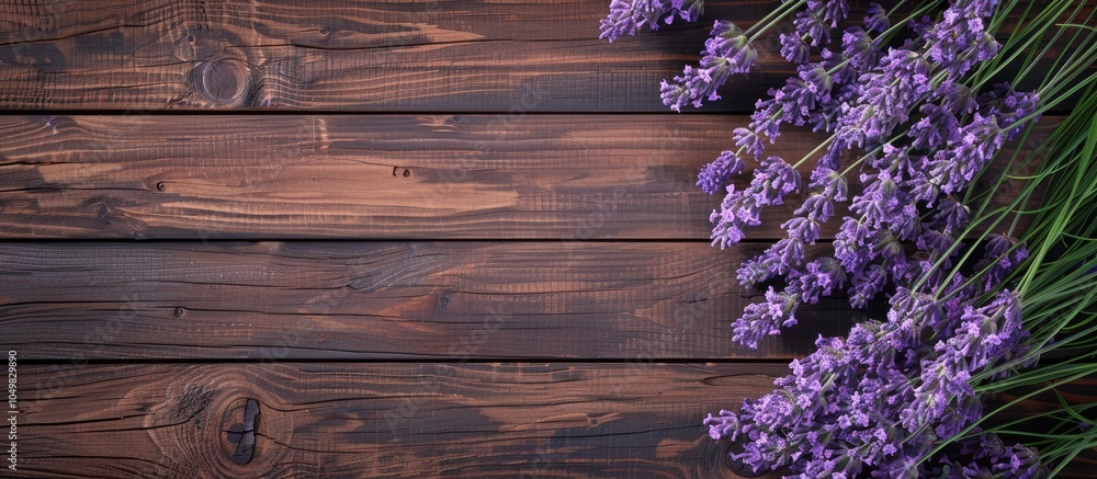 Poster bouquets of lavender on a wooden tabletop seen from above. with copy space image. place for adding t