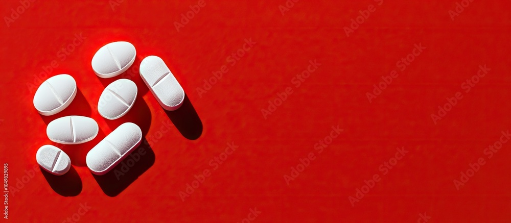 Aufkleber Several white tablets are arranged in a uniform triangle on a vivid red background Background image related to medicine and pharmaceutical themes. with copy space image