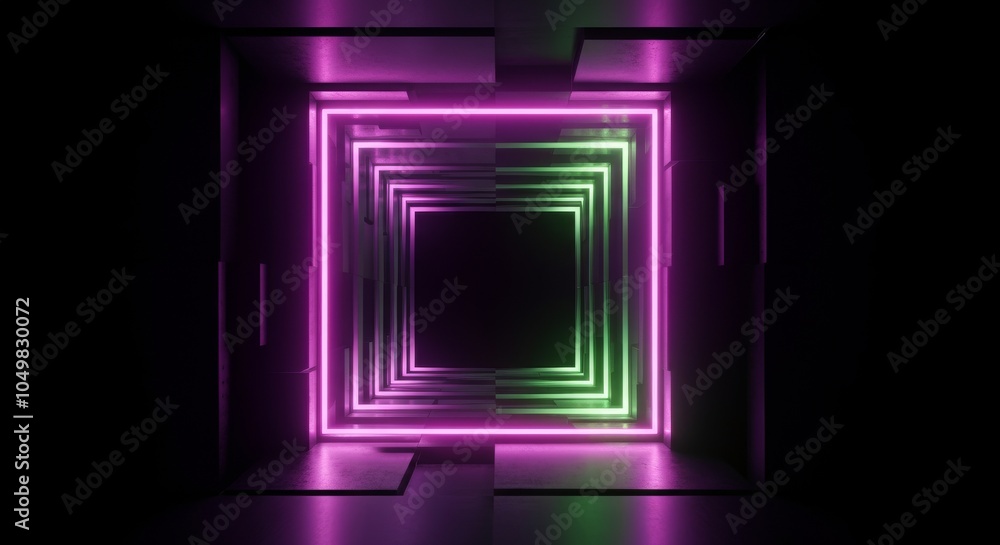 Aufkleber abstract neon tunnel with pink and green lights in geometric square patterns.
