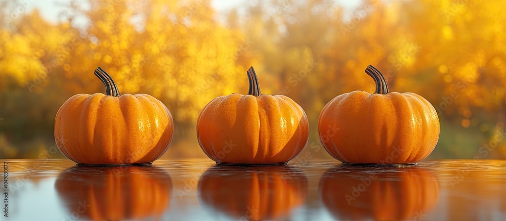 Poster three pumpkins on a reflective surface with yellowed trees in the background on a clear autumn day. 