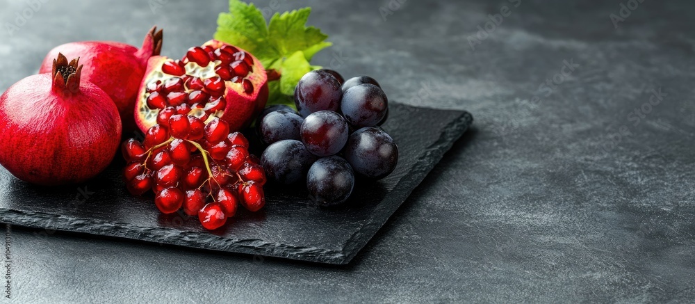 Aufkleber grapes and pomegranate on a black slate plate with copyspace