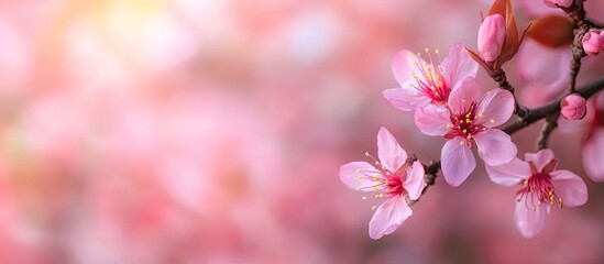 Obraz premium early spring tree blossoms in pink. with copy space image. Place for adding text or design