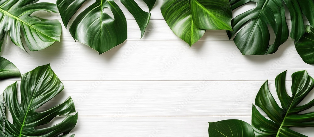 Leinwandbilder green tropical leaves rest on a white surface made of plaque boards. with copy space image. place fo