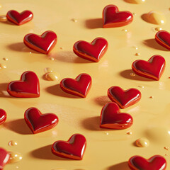Obraz premium A scattering of 3D red hearts close-up on a yellow background with advertising space. Template for a romantic, greeting card, invitation. Illustration for a creative print.
