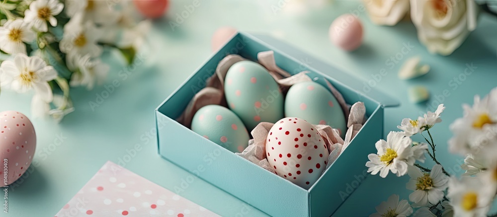 Aufkleber easter eggs in a box as a gift accompanied by flowers and cards for an easter themed background. wit