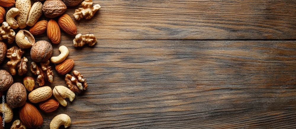 Poster top view of nuts on a wooden surface. with copy space image. place for adding text or design