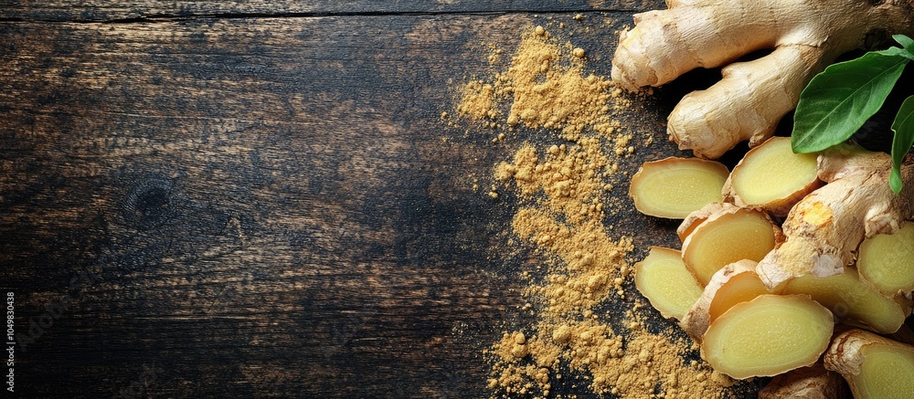 Poster ginger root sliced ginger and ginger powder on a wooden table background with space for text. with c