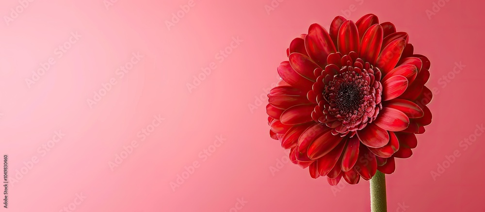 Poster close up view of a beautiful red flower isolated on a pink background with added copyspace for text