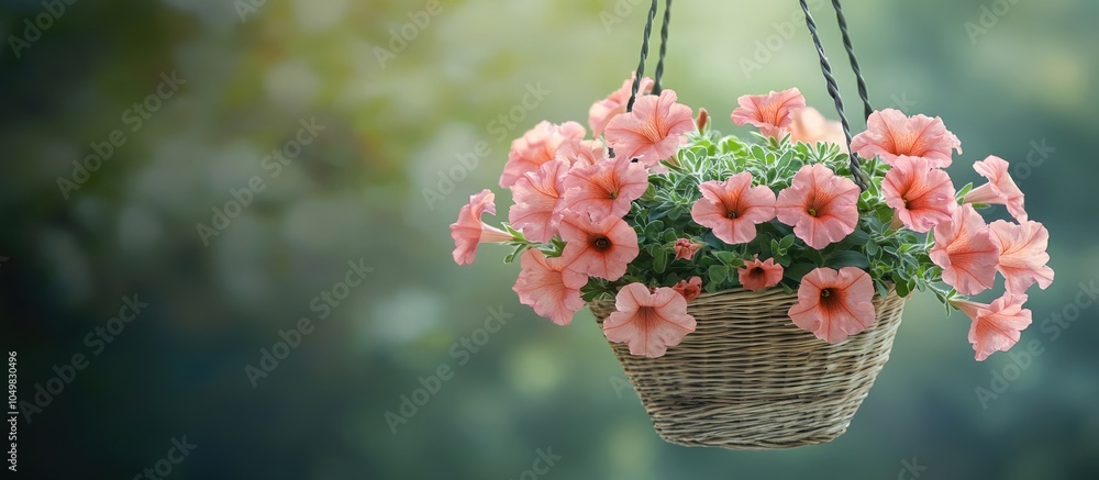 Poster A basket of pink Petunias hanging. with copy space image. Place for adding text or design