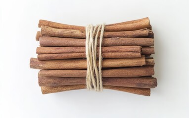 Cinnamon Sticks: A bundle of cinnamon sticks tied with string, arranged on a clean white background 