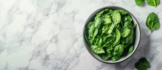 Obraz premium Flat lay arrangement featuring cooked spinach on a grey marble table Nutritious food. with copy space image. Place for adding text or design