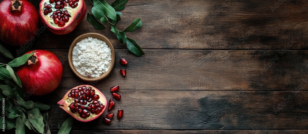 Poster Flat lay arrangement featuring a natural homemade mask pomegranate and ingredients on a wooden table Space for text. with copy space image. Place for adding text or design