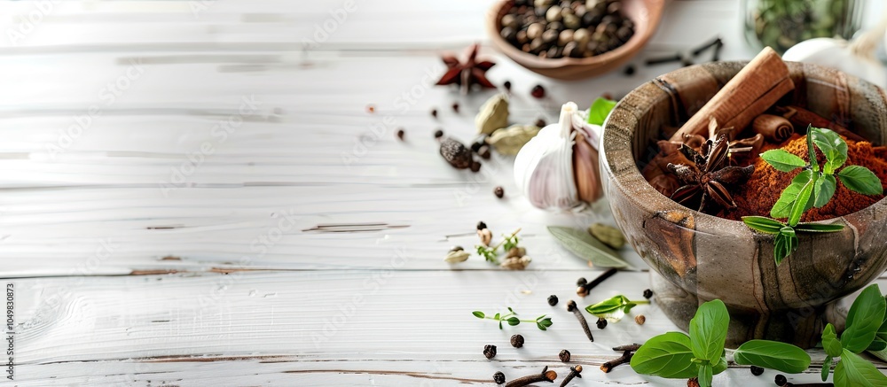 Fototapete spices and herbal plants in a mortar set against a white wooden table background. with copy space im