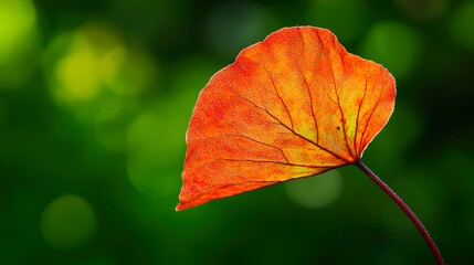 Obraz premium Single red leaf with veins against a blurred green background.