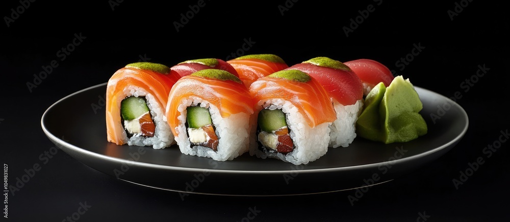 Leinwandbilder a plate featuring a set of sushi rolls containing salmon avocado cream cheese cucumber rice and tuna