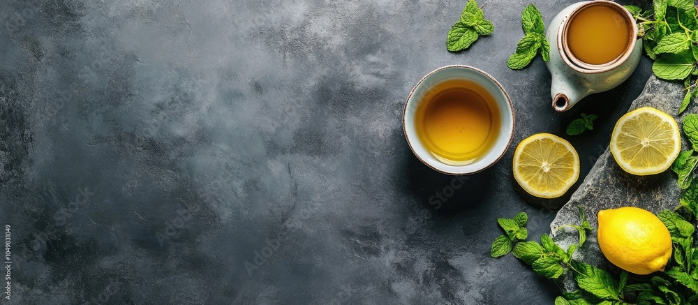 Poster herbal tea infused with mint and lemon a teapot resting on a stone table top view flat lay featuring