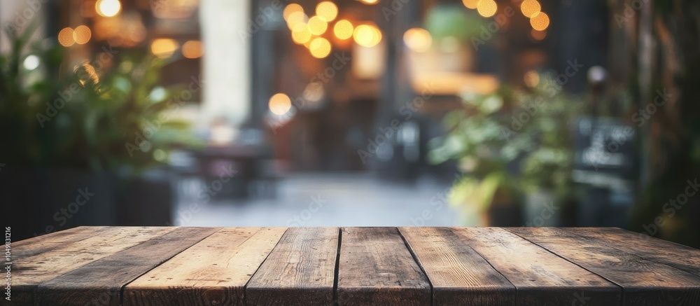 Leinwandbilder Pattern dot pixelation image of a vacant wooden table and a blurred coffee shop background with bokeh. with copy space image. Place for adding text or design