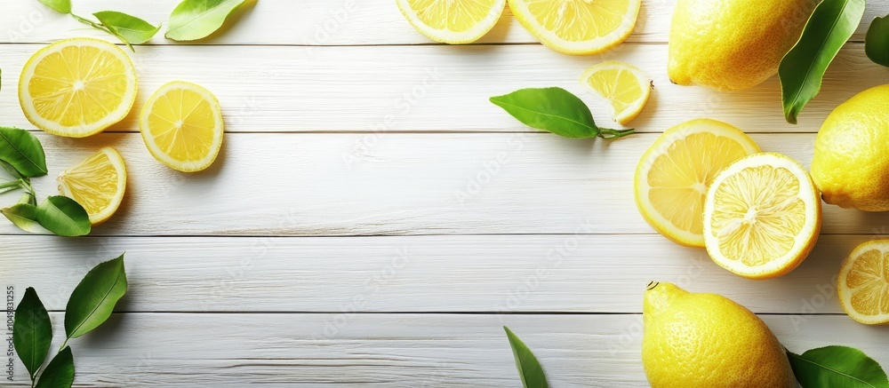 Aufkleber background featuring lemon slices on a white wooden board template. with copy space image. place for