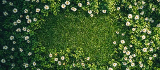 Summer meadow abundant with white daisies A beautiful field of green grass and daisies is shown from a top down perspective creating a natural backdrop Top view with copy space