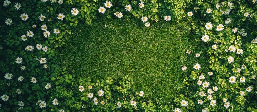 Fototapeta Summer meadow abundant with white daisies A beautiful field of green grass and daisies is shown from a top down perspective creating a natural backdrop Top view with copy space