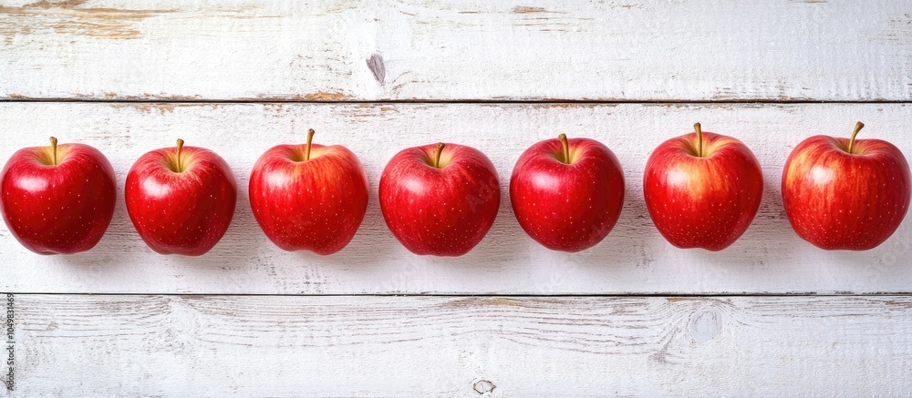 Poster apples arranged in a row on a white wooden table background. with copy space image. place for adding