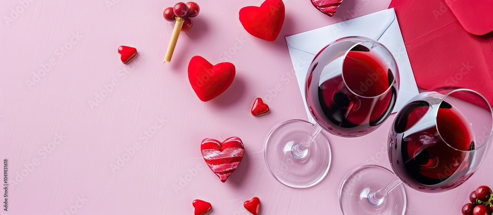 Poster flat lay of valentine s day featuring two glasses of wine a red heart sweets and a love letter envel