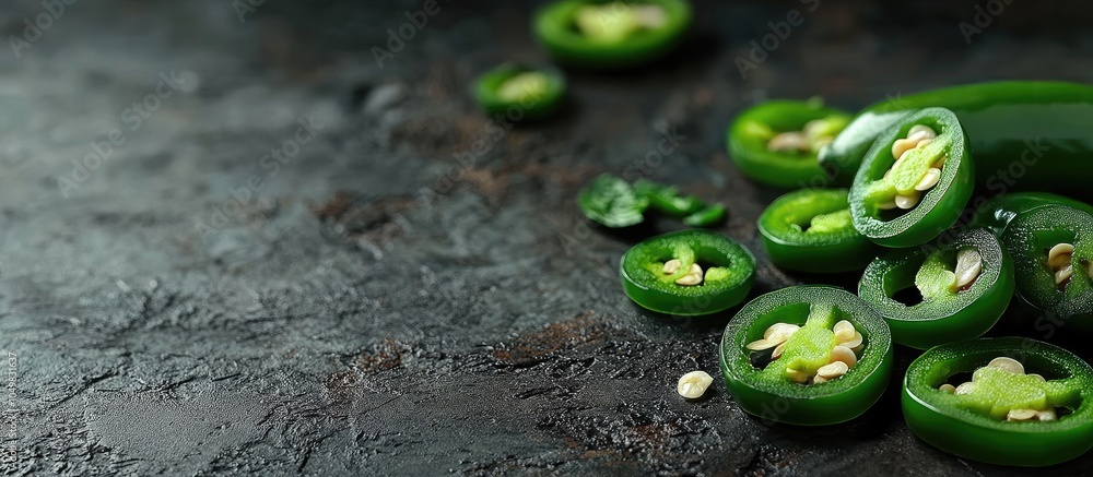Fototapete A number of jalapeno peppers have been sliced but there are still several others that need to be cut. with copy space image. Place for adding text or design