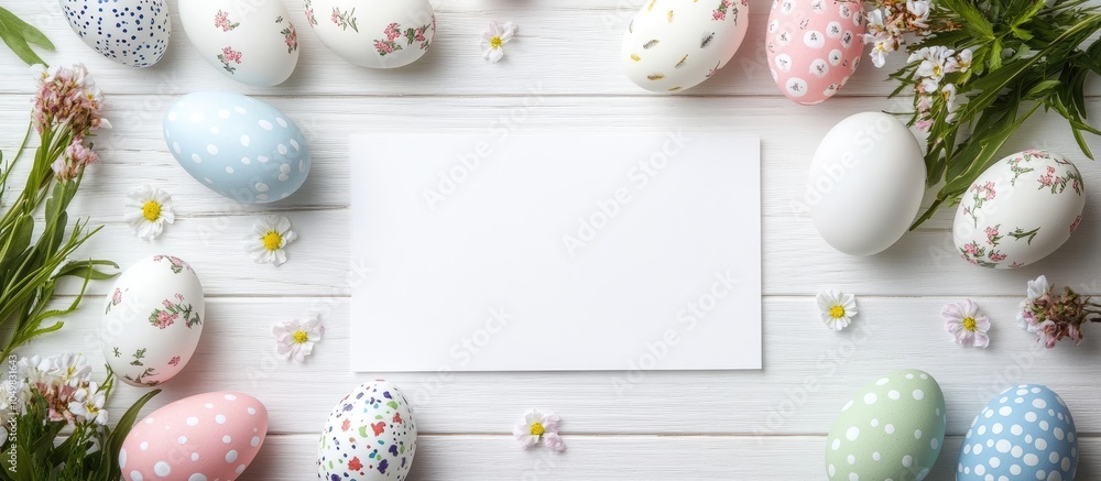 Fototapete arrangement featuring a blank card flowers and easter eggs on a white background. with copy space im