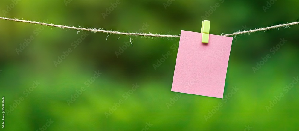 Poster blank pink paper note hanging on a clothesline against a green background. with copy space image. pl