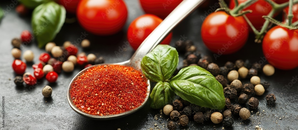 Aufkleber a spoon filled with spices including paprika basil pepper and thyme accompanied by cherry tomatoes. 