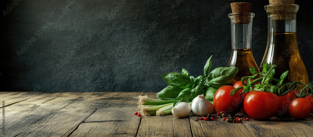Leinwandbilder Cooking ingredients on a wooden table include spring onion basil tomato and olive oil. with copy space image. Place for adding text or design