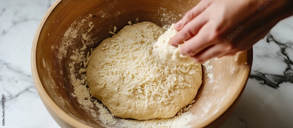 Poster hand adding parmesan cheese to dough in a mixing bowl for making brazilian cheese bread. with copy s