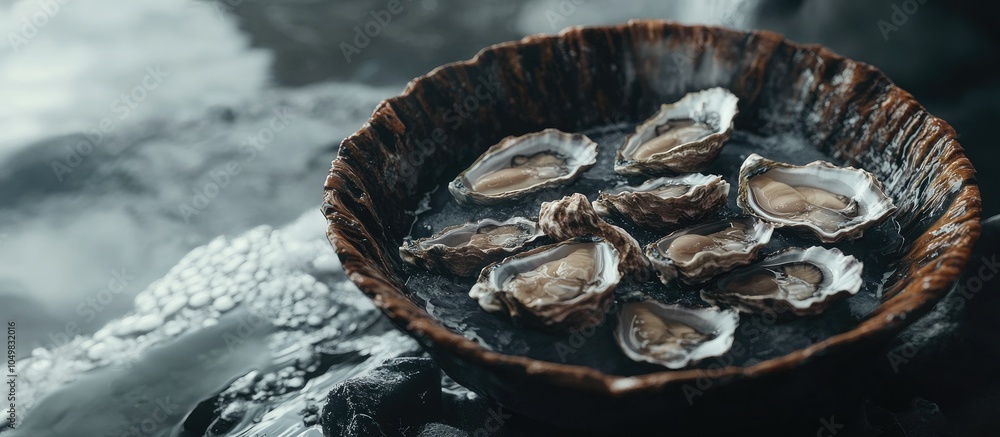 Poster close up of a bowl filled with oysters. with copy space image. place for adding text or design