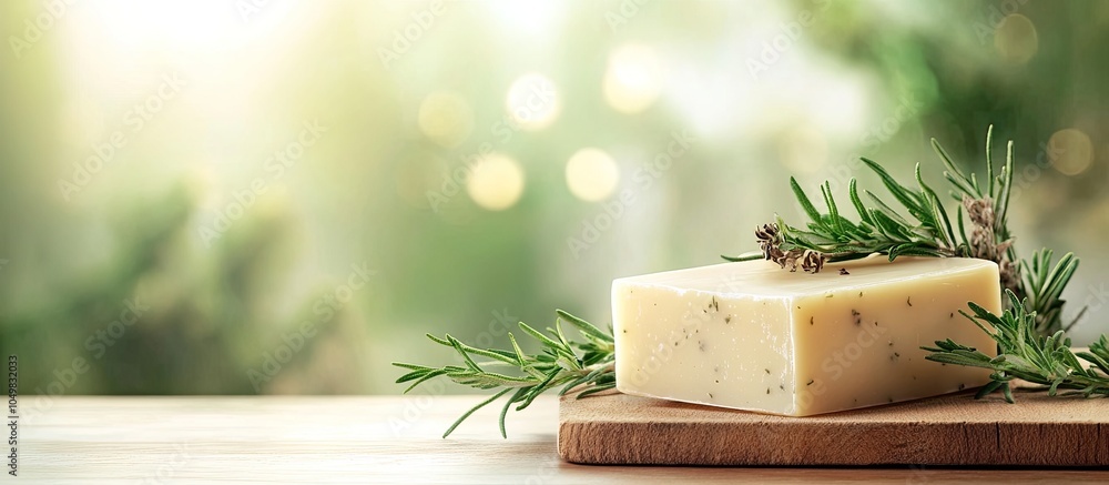 Aufkleber Organic soap block with fresh herbal foliage. with copy space image. Place for adding text or design