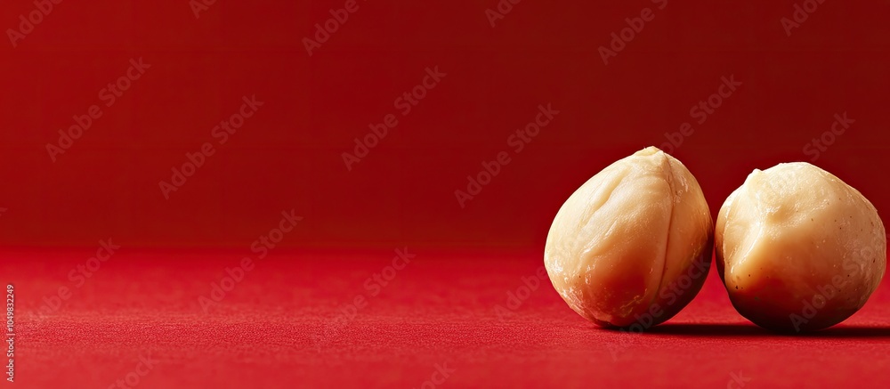 Poster close up of a macadamia nut on a red background. with copy space image. place for adding text or des