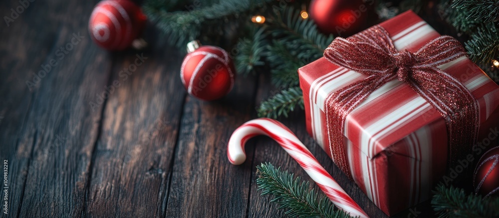 Poster christmas gift with candy canes on a dark wooden surface in a vintage style. with copy space image. 
