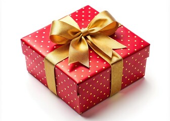Fototapeta premium Stylish red gift box featuring golden polka dots and a ribbon, perfect for holidays, birthdays, and special events. A lovely addition to your festive celebrations!