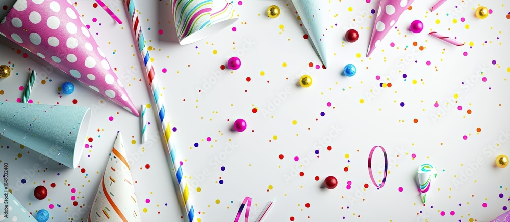 Poster Birthday party hats paper straws candy and confetti on a white background. with copy space image. Place for adding text or design