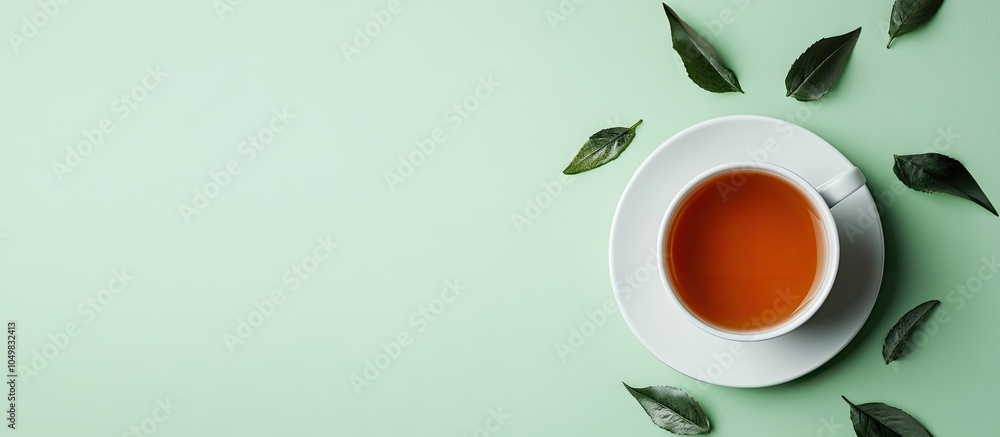 Leinwandbilder cup of tea on a light green paper background. with copy space image. place for adding text or design