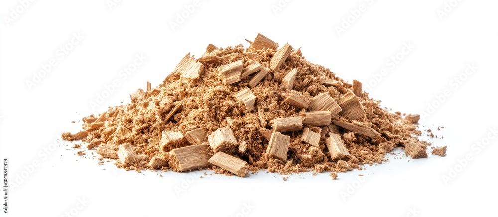 Poster wood sawdust on a white background a heap of wood shavings and wood powder isolated on a white backg