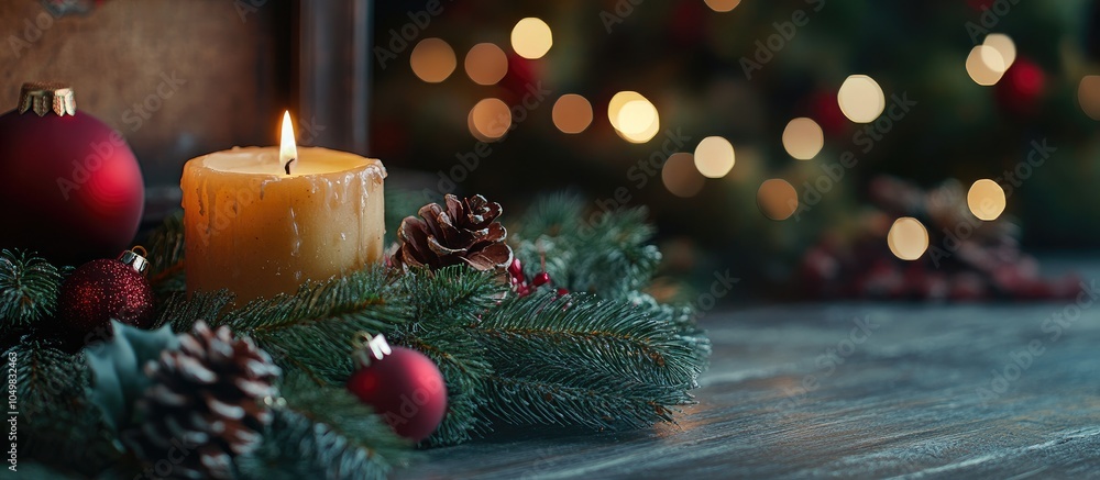 Poster christmas handcrafted toys featuring a garland and a candle. with copy space image. place for adding