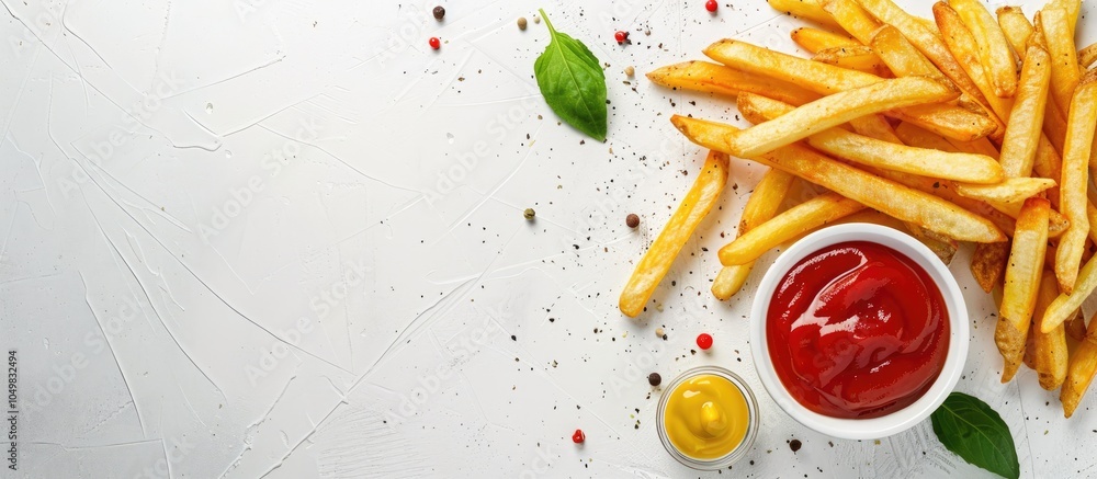 Poster close up image of french fries accompanied by pepper ketchup and mustard on a white surface. with co