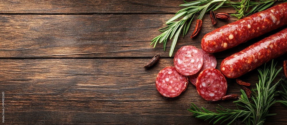 Aufkleber salami sausages placed on a wooden table. with copy space image. place for adding text or design