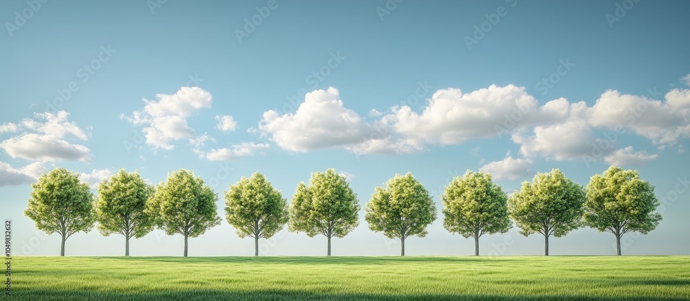 Poster trees in the center of a green field with a backdrop of a blue sky and clouds. with copy space image