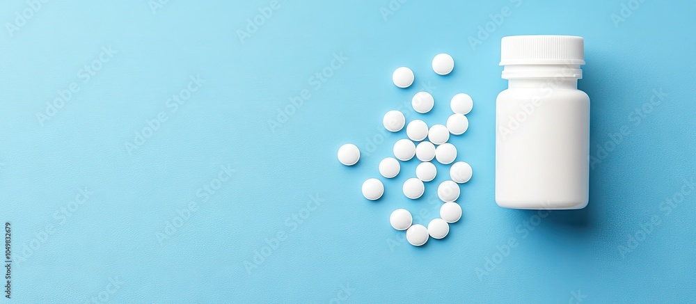 Poster white pills tablets and a white bottle set against a blue background copy space available for text
