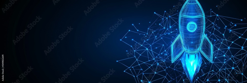 Poster abstract futuristic rocket launch with glowing lines and mesh. technology, innovation concept.